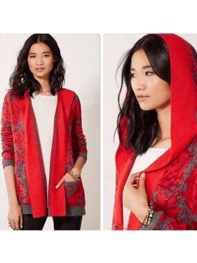 Anthropologie Sparrow Maraschino Floral Hooded Cardigan Chunky Lagenlook Medium